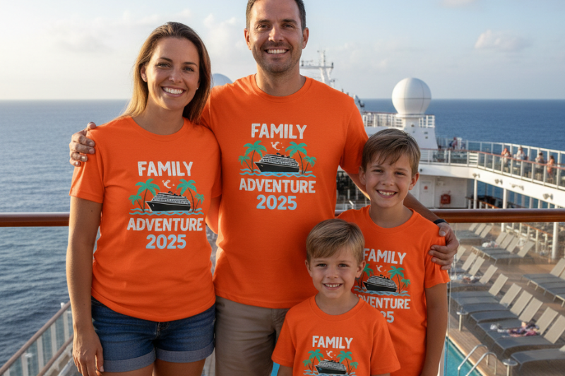 Custom printed family cruise shirts with DTG prints, designed for matching vacation outfits
