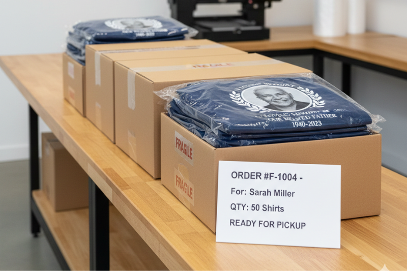 Navy crew neck t-shirts printed in bulk for a memorial, ready for collection