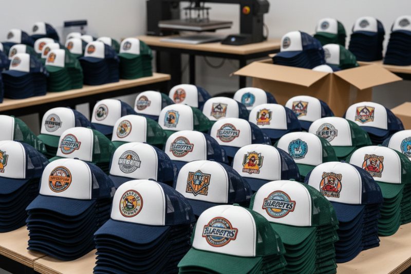 Bulk order of custom printed trucker caps with logos on the front center panel