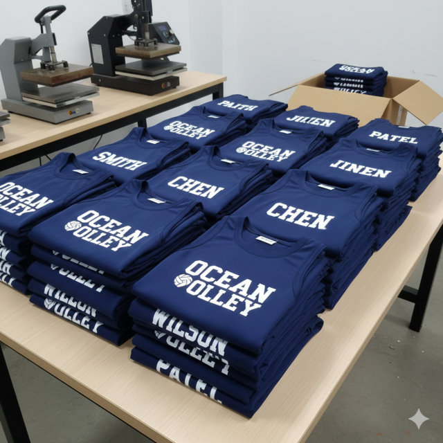Navy blue custom printed singlets featuring white team player names on the back, designed for a sports event, laid out neatly and ready for distribution to participants.