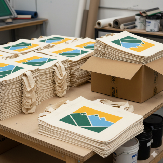 Screen printed natural cotton tote bags with three-color design printed on one side, neatly stacked and ready for shipping to customer.