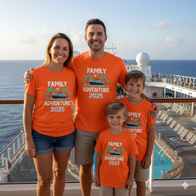 Small batch of orange family holiday cruise shirts custom printed for a Brisbane cruise group.