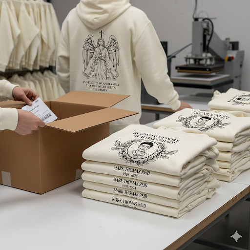 Urgent bulk printing for memorial hoodies with custom names and tribute designs.