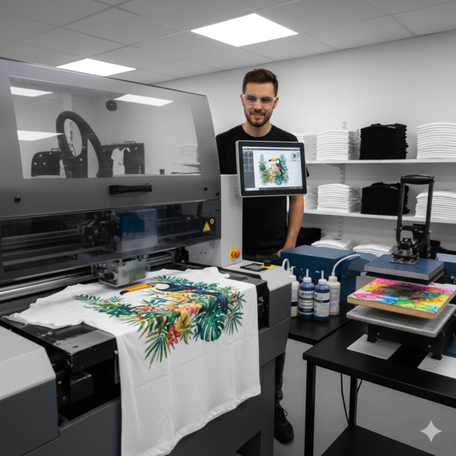 Direct to garment printing a full colour design onto a cotton t shirt using DTG technology