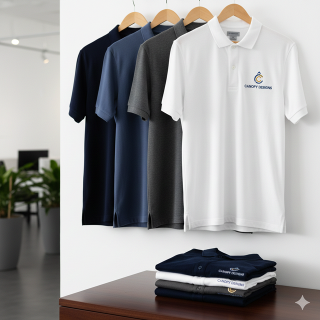 DTF printed polo shirts with full colour logo decoration on front chest