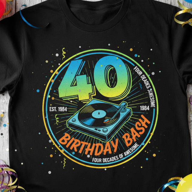 Black 40th birthday T shirt with personalised print design