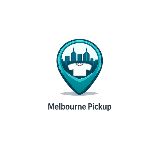 Location pin icon with skyline and t shirt symbol representing Melbourne pickup for custom t shirt orders