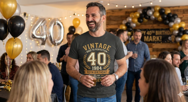 A middle-aged man with a beard laughs at his 40th birthday party, wearing a charcoal grey t-shirt with a vintage-style gold and cream design that reads "VINTAGE AGED TO PERFECTION 40 1984 40TH BIRTHDAY