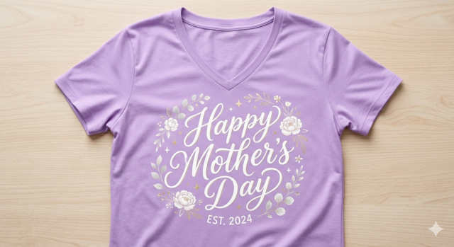 A lavender-colored women's V-neck t-shirt laid flat on a light wooden surface. The shirt features a central graphic with "Happy Mother's Day" written in elegant white cursive script,
