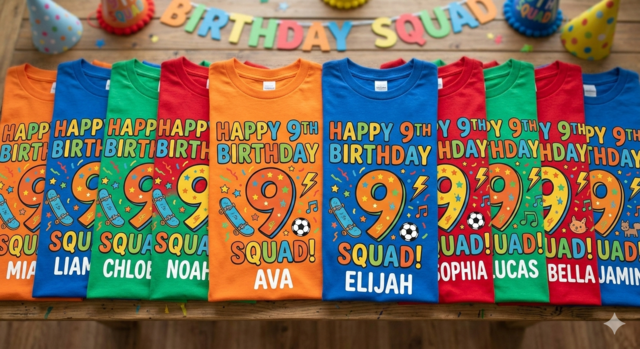 A row of ten colorful children's t-shirts in orange, blue, green, and red, laid out for a birthday party. Each shirt features a vibrant graphic that says "HAPPY 9th BIRTHDAY SQUAD!" with a large number 9, skateboards, soccer balls, and stars. The bottom of each shirt is personalized with a different name