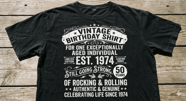 A distressed black crew neck t-shirt laid on a weathered wooden background. The shirt features a white vintage-style typographic design with the text "Vintage Birthday Shirt," "Est. 1974," and "50 Years."