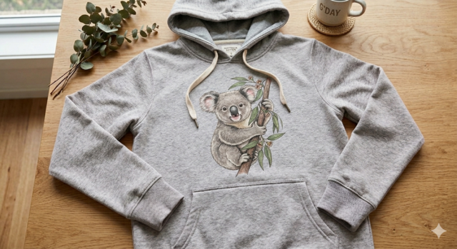 grey marle-textured hoodie laid flat on a light wooden table. The front features a charming illustration of a koala climbing a eucalyptus branch. A sprig of eucalyptus leaves and a mug with "G'DAY" printed on it sit next to the hoodie, creating a cozy Australian theme.