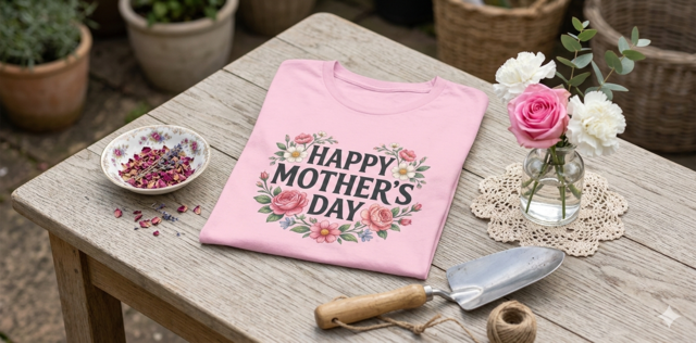 wide-angle, flat-lay image of a light pink t-shirt folded on a rustic wooden garden table. The shirt is printed with "HAPPY MOTHER'S DAY" inside a floral wreath of pink and white roses. Beside the shirt is a small glass vase with a pink rose and white carnations, a bowl of dried rose petals, and a metal garden trowel.