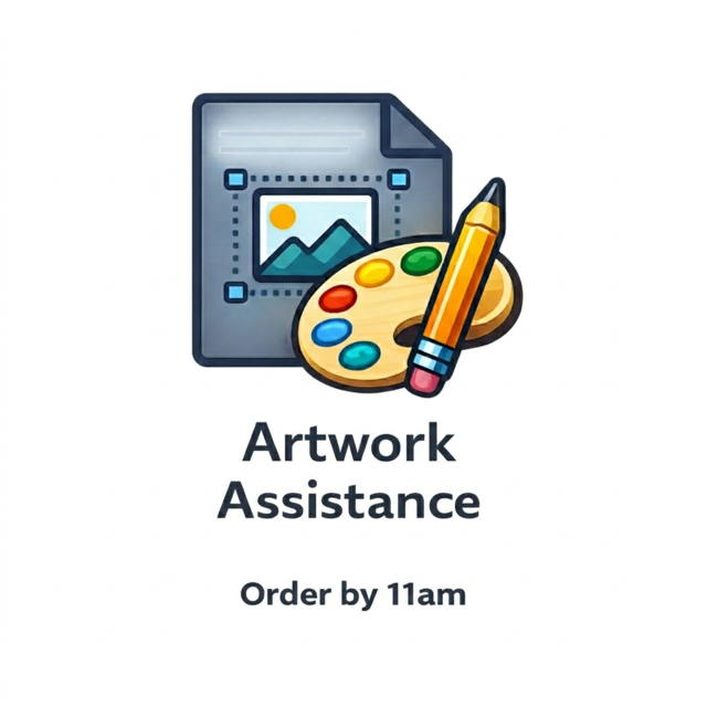 Artwork assistance icon showing design file, colour palette and pencil representing help with preparing artwork for custom t shirt printing