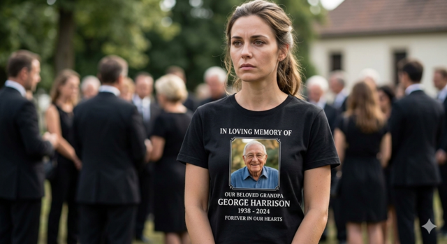 A person wearing a black memorial t-shirt at an outdoor funeral service. The shirt features a centered photograph of a smiling elderly man in a blue shirt, surrounded by the text: "IN LOVING MEMORY OF OUR BELOVED GRANDPA GEORGE HARRISON 1938 - 2024 FOREVER IN OUR HEARTS.