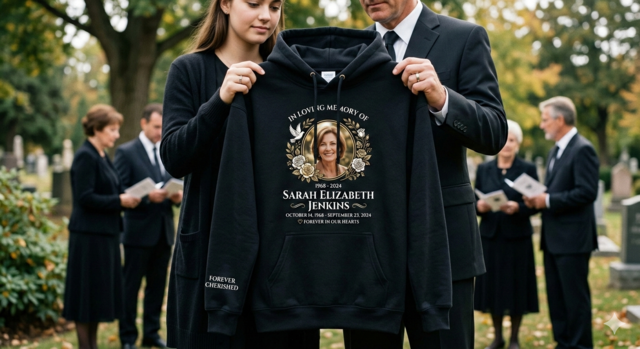 Two people in formal attire holding up a black memorial hoodie in a peaceful cemetery setting. The hoodie features a central portrait of a smiling woman framed by a gold laurel wreath, roses, and a dove. The text on the hoodie reads "In Loving Memory of Sarah Elizabeth Jenkins," including her birth and death dates and the phrase "Forever in our hearts."