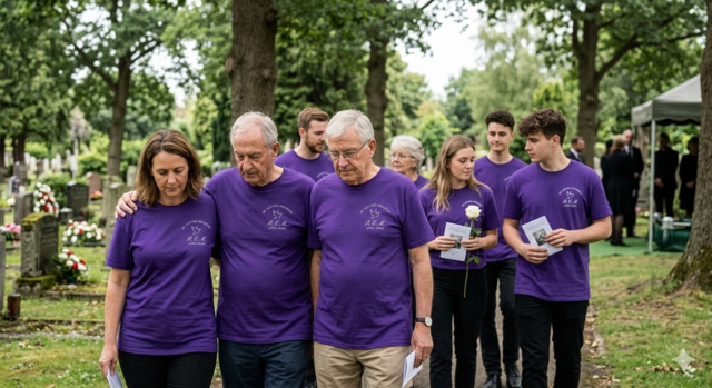 A group of grieving family and friends walking through a peaceful, tree-lined cemetery wearing matching purple memorial t-shirts. The shirts feature a small white dove emblem on the left chest with "In Loving Memory" and dates printed in white. The people are holding funeral programs and a single white rose, reflecting a somber and unified tribute to a loved one.