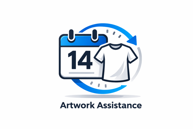 Calendar with number 14 and t shirt icon representing 2 week turnaround time for custom t shirt printing orders