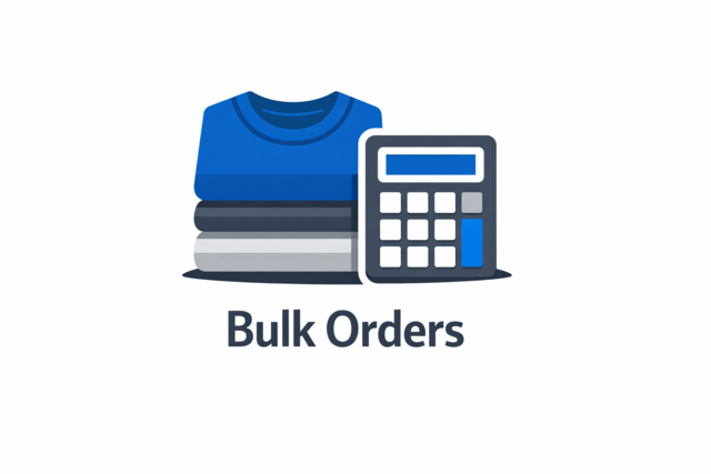 Flat vector icon of stacked folded t-shirts next to a calculator, representing bulk orders for custom printed shirts.