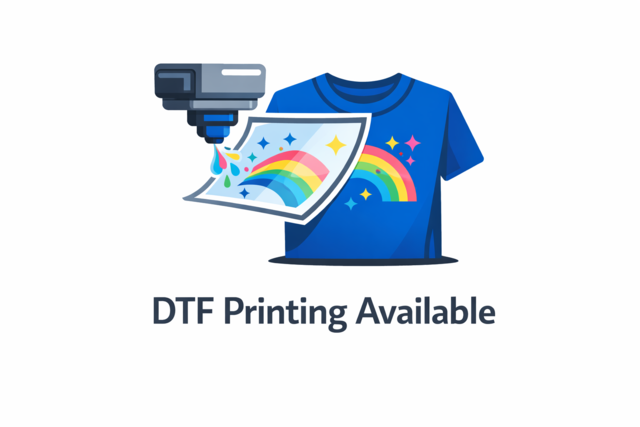 Flat vector icon of a printer nozzle applying a colorful design onto a blue t-shirt, representing DTF (Direct to Film) printing services.