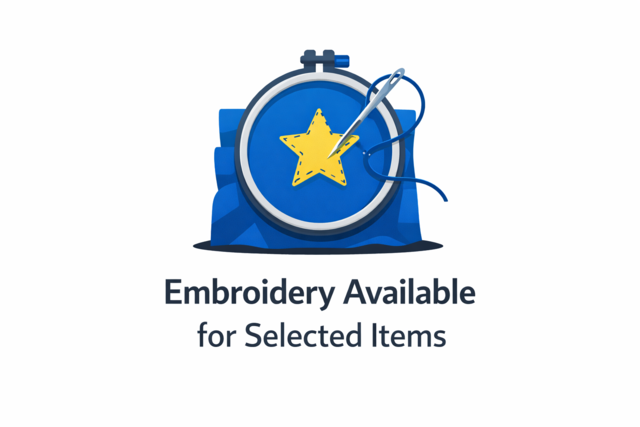 Flat vector icon of an embroidery hoop with needle and thread stitching a star onto fabric, indicating embroidery available for selected items.