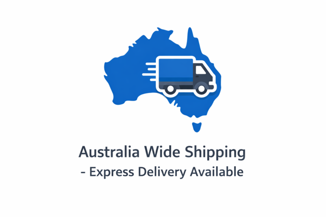 Flat vector icon of a blue map of Australia with a delivery truck, representing Australia-wide shipping and express delivery availability.