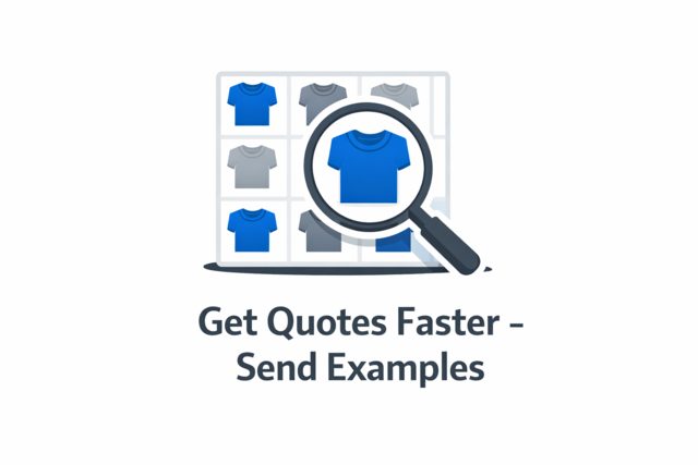 Flat vector icon of a magnifying glass over a grid of t-shirt thumbnails representing faster custom shirt quotes by sending design examples.