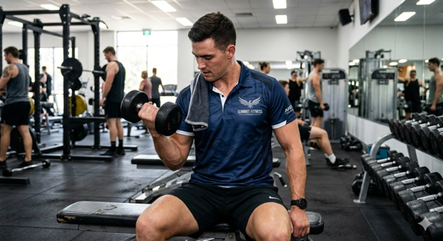A man sitting on a gym bench performing a bicep curl with a dumbbell, wearing a navy blue custom-printed performance polo shirt with 'Summit Fitness' branding.