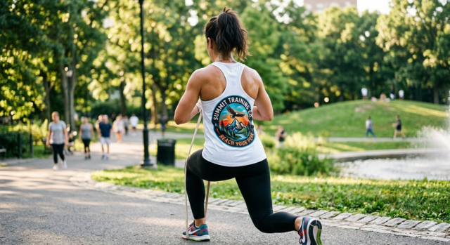 Woman training in a sunny park wearing a white 'Summit Training Co.' branded singlet with a large, detailed mountain and eagle graphic on the back