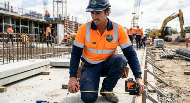 Construction worker on-site wearing a dual-tone hi-vis orange and navy work shirt with custom chest embroidery and reflective tape