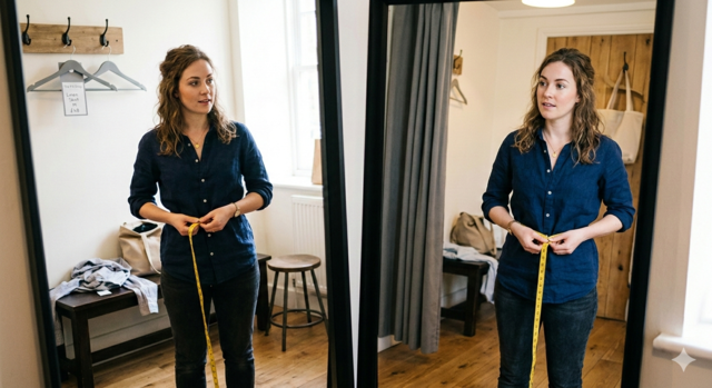 A woman stands in a bright, modern fitting room looking into a mirror while trying on a dark blue linen button-down shirt. She is holding a yellow measuring tape to her waist to check the fit.