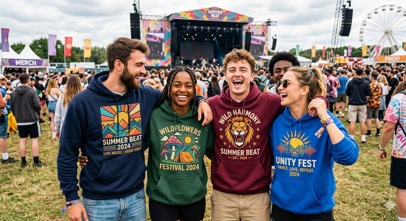 Four smiling friends standing together at an outdoor music festival wearing vibrant, custom-printed hoodies in navy, forest green, maroon, and royal blue. The hoodies feature various 'Summer Beat 2024' and 'Unity Fest' graphic designs.