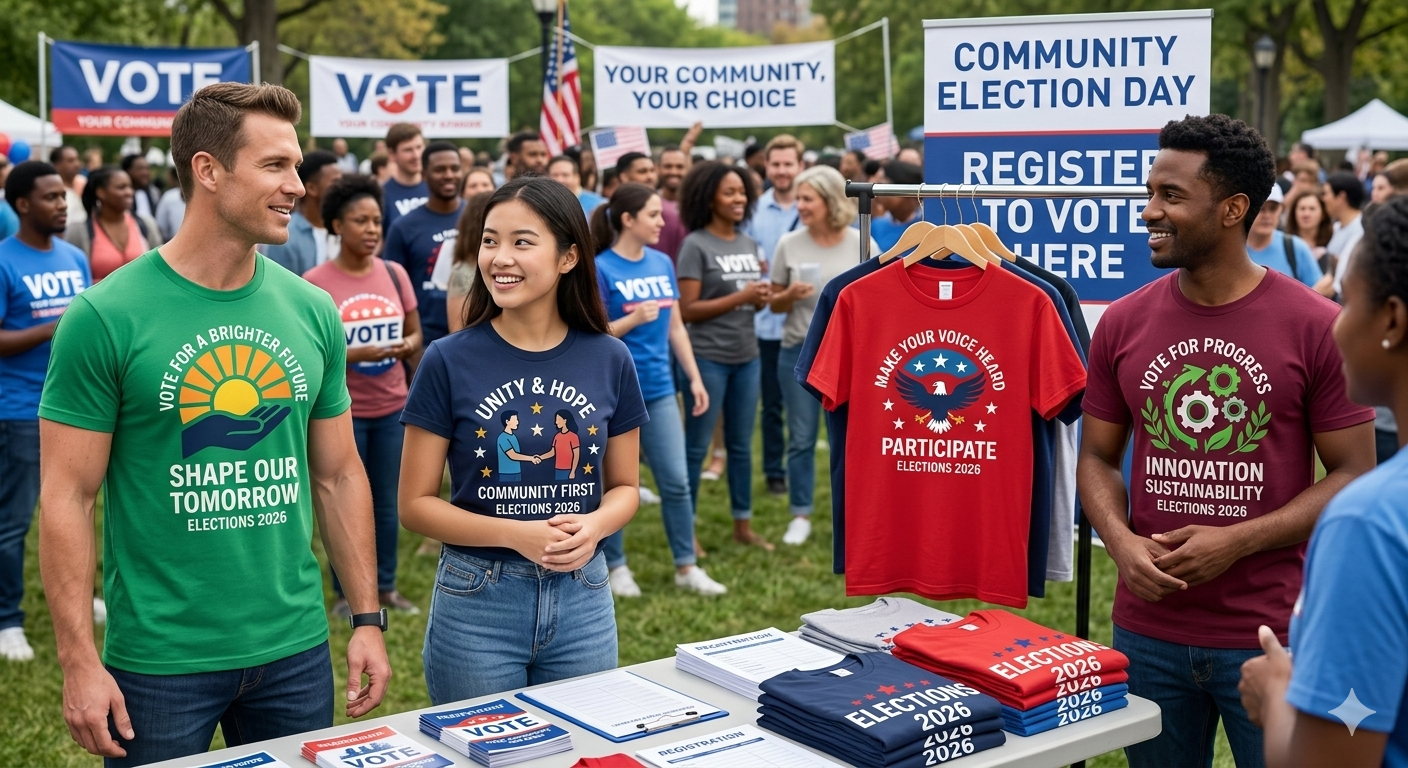 A vibrant outdoor community election event showing diverse volunteers wearing and displaying custom campaign t-shirts. A man in a green shirt with a sun logo, a woman in a navy shirt featuring a handshake, and a man in a maroon shirt with a gear logo stand near a registration table. On a clothing rack, a red t-shirt prominently displays an eagle graphic with the text 'Participate Elections 2026