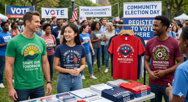 A vibrant outdoor community election event showing diverse volunteers wearing and displaying custom campaign t-shirts. A man in a green shirt with a sun logo, a woman in a navy shirt featuring a handshake, and a man in a maroon shirt with a gear logo stand near a registration table. On a clothing rack, a red t-shirt prominently displays an eagle graphic with the text 'Participate Elections 2026