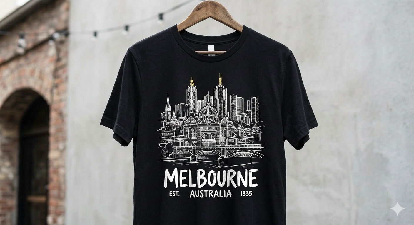 A black crew-neck t-shirt hanging on a wooden hanger against a blurred stone wall background. The shirt features a detailed white line-art sketch of the Melbourne skyline, including Flinders Street Station and various city skyscrapers.
