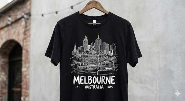 A black crew-neck t-shirt hanging on a wooden hanger against a blurred stone wall background. The shirt features a detailed white line-art sketch of the Melbourne skyline, including Flinders Street Station and various city skyscrapers.