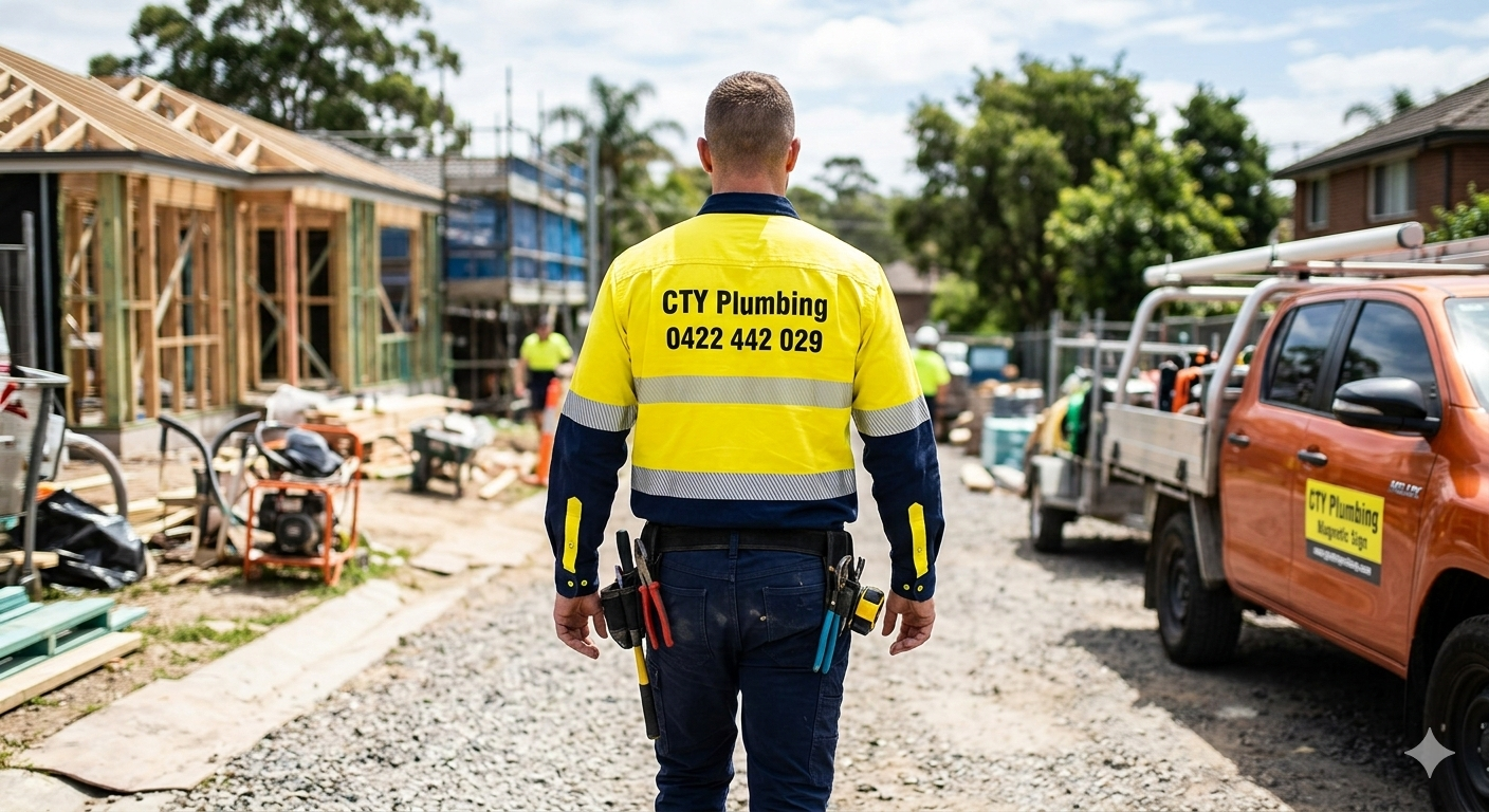 Rear view of a tradesperson at a construction site wearing a long-sleeved high-visibility work shirt. The shirt is yellow on the top half and navy blue on the bottom and sleeves. Printed in bold black text on the yellow section