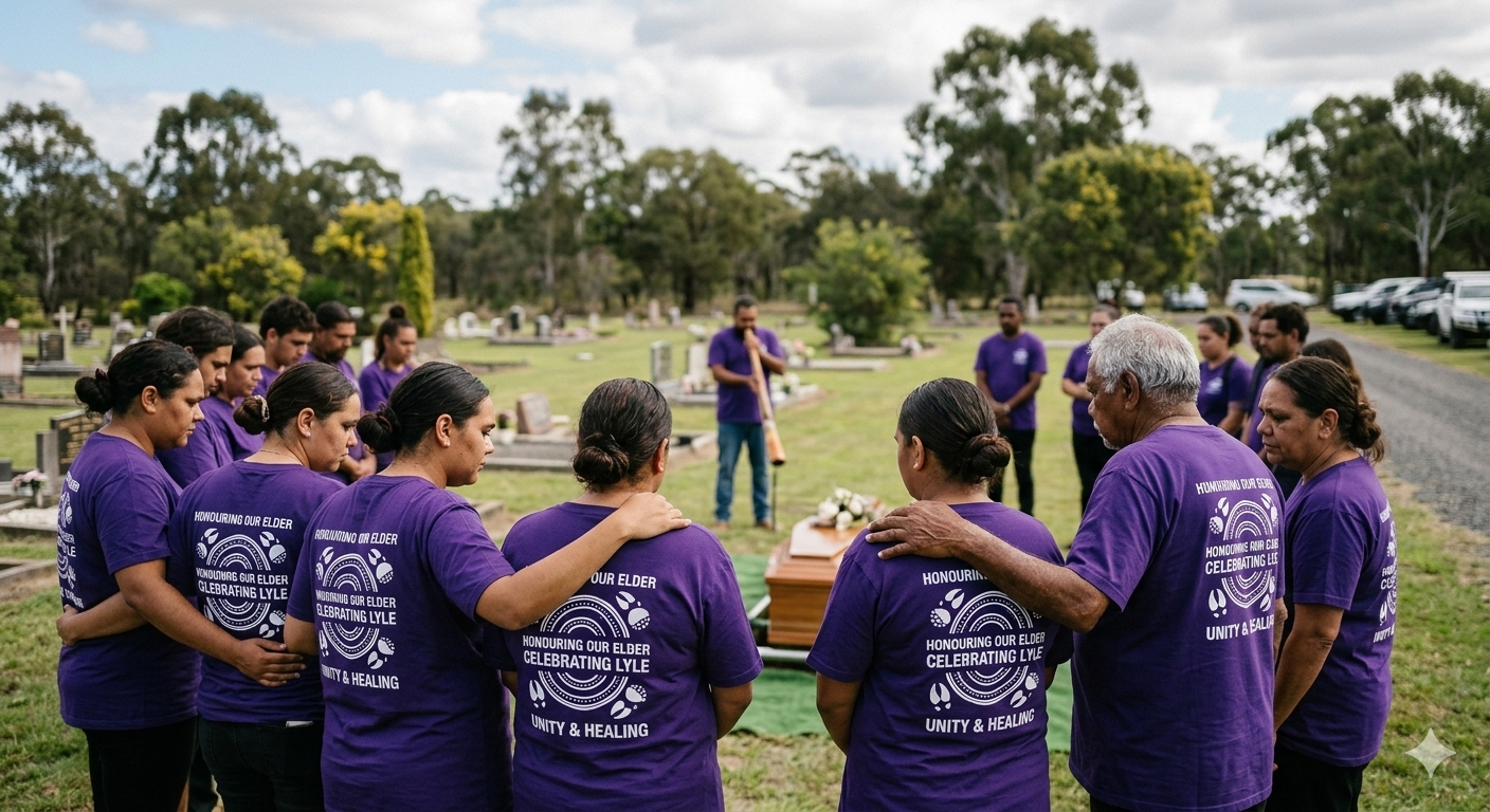 A group of First Nations people gathered in a circle at a funeral service in a green cemetery, seen from behind. They are wearing matching purple t-shirts printed with white Indigenous-style circular artwork and text that reads 'Honouring Our Elder' and 'Unity & Healing
