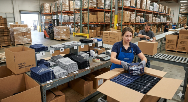 Staff packing stacks of custom printed navy and grey t-shirts into shipping boxes at a high-volume Melbourne apparel production warehouse