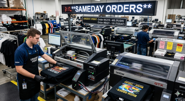 Professional DTG printing machines in a Melbourne facility processing urgent same-day custom t-shirt orders with digital status boards showing rush delivery schedules.