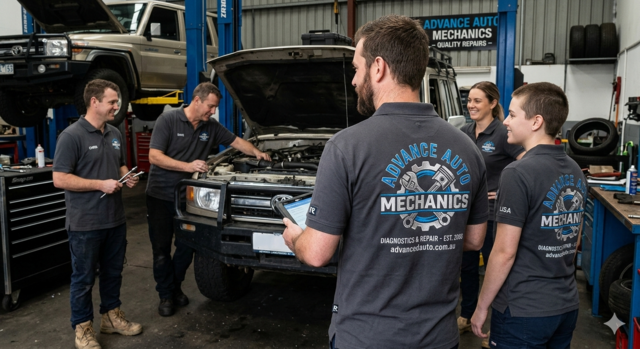 Automotive technicians in a Melbourne workshop wearing charcoal grey Razor polo shirts with custom embroidered mechanic logos on the back while working on vehicles