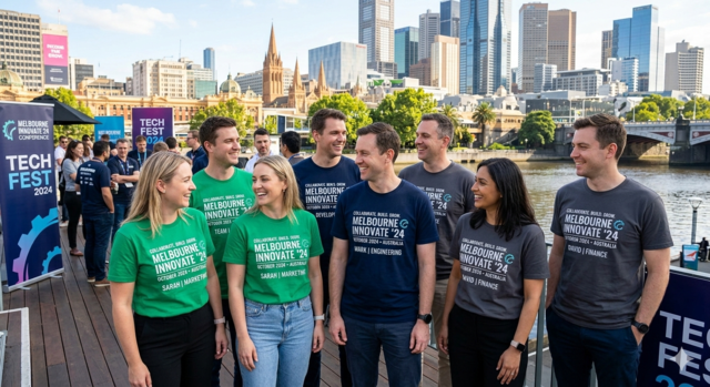 A group of professional staff at a Melbourne riverside corporate event wearing custom printed t-shirts in green, navy blue, and charcoal grey, featuring event branding with the Melbourne city skyline and Yarra River in the background.