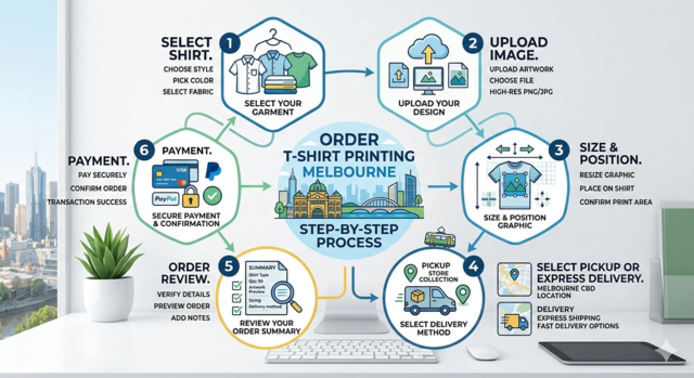 An infographic showing the 6-step process for ordering custom t-shirt printing in Melbourne: 1. Select shirt, 2. Upload image, 3. Size and position, 4. Select pickup or express delivery, 5. Order review, and 6. Payment.