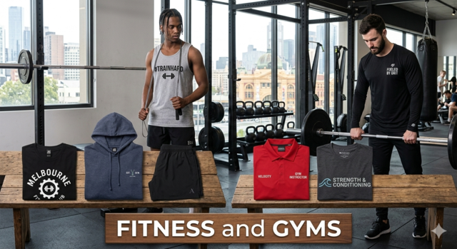 Custom printed fitness apparel including AS Colour tanks and Biz Collection performance shirts displayed in a Melbourne gym, with a 'FITNESS and GYMS' label and trainers wearing branded workout gear