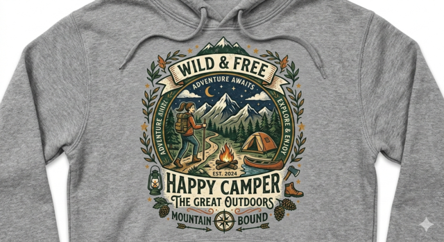Grey hoodie printed on the front with green and cream design for camping event in Sydney NSW