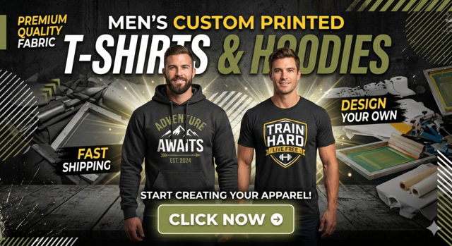 Promotional graphic for men's custom printed apparel featuring two models wearing a black hoodie and t-shirt with custom logos. The design includes text "Men's Custom Printed T-Shirts & Hoodies"