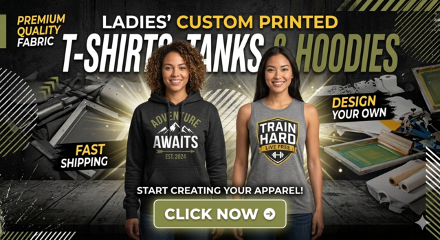 Promotional graphic for ladies' custom printed apparel featuring two models wearing a dark grey hoodie and a grey tank top with custom printed logos. The image displays the text "Ladies' Custom Printed T-Shirts, Tanks & Hoodies"