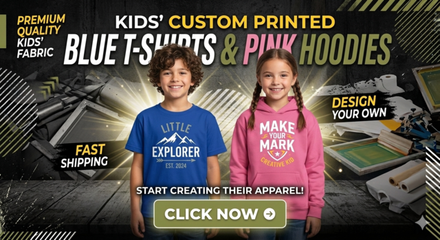 Promotional graphic for kids' custom printed apparel featuring a young boy in a blue t-shirt and a young girl in a pink hoodie, both with custom graphic designs