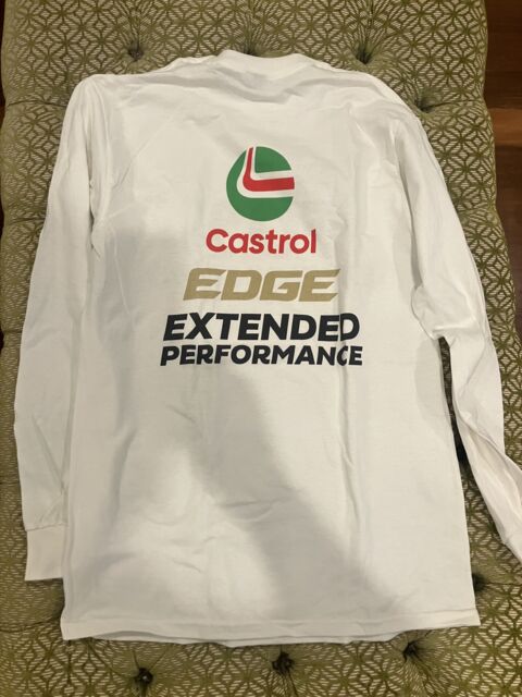 Long sleeves white crew neck shirts printed on back with company logo and marketing message as promotional merchandise for Melbourne event