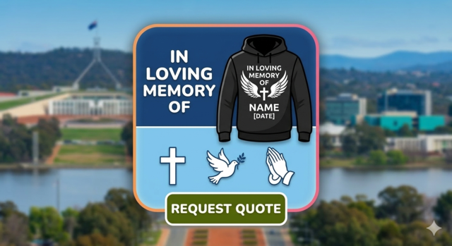 Custom funeral tribute printing. Graphic featuring a black hoodie with white "In Loving Memory" wing imagery, religious symbols including a cross, dove